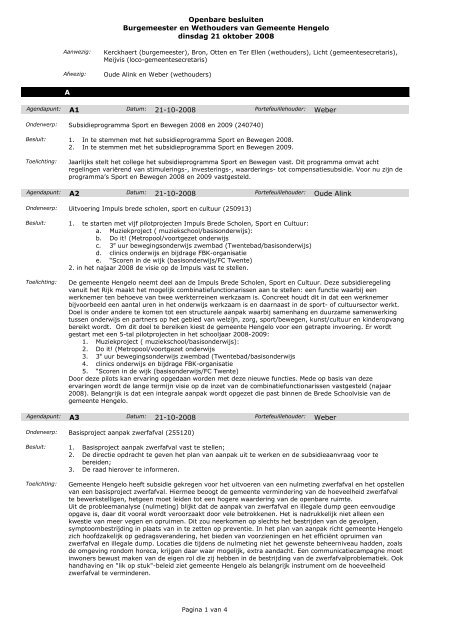 20081021 Besluitenlijst b&w - Gemeente Hengelo