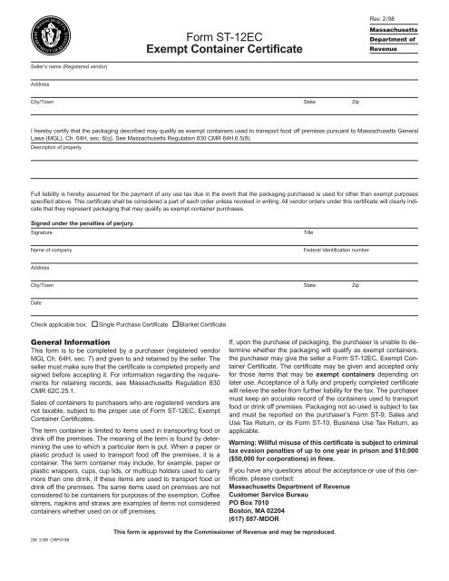 Form ST-12EC Exempt Container Certificate - Perkins