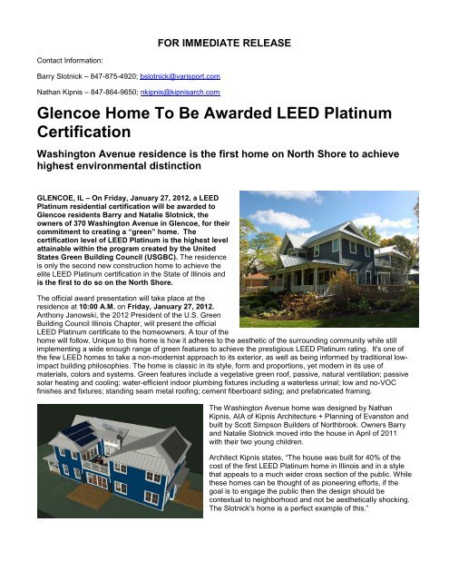 Glencoe Home To Be Awarded LEED Platinum Certification