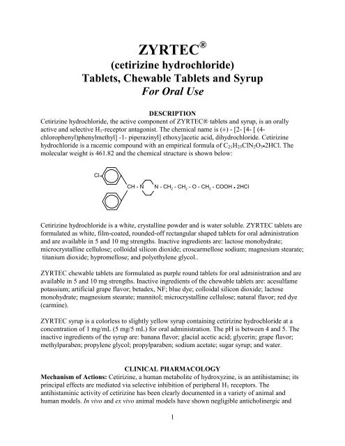 ZYRTECÃ‚Â® (cetirizine Hydrochloride) Tablets, Chewable ... - Pfizer