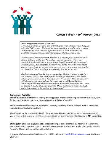 Careers Bulletin 19th October, 2012