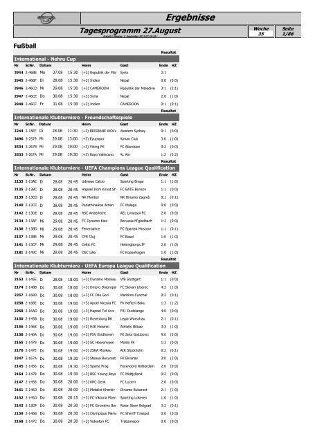 Tagesprogramm 27.August - OlympiaBet