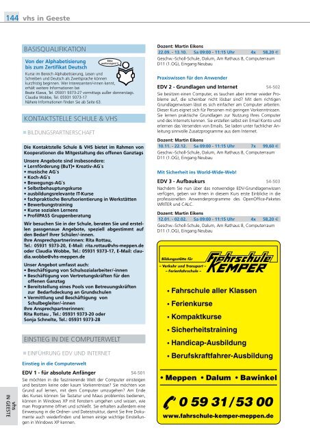 Volkshochschule Meppen Programm 2. Halbjahr 2012