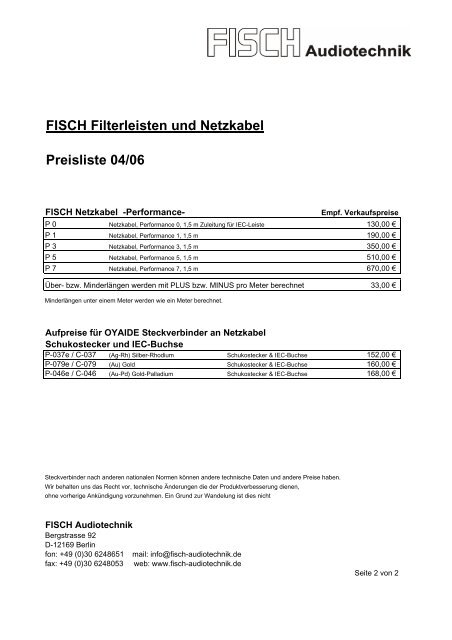 FISCH Filterleisten und Netzkabel Preisliste 04/06 - Ultimate Audio