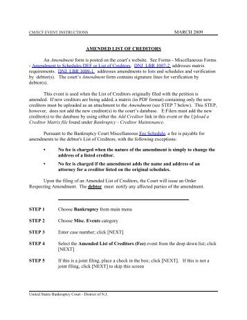 Amended List of Creditors - United States Bankruptcy Court - District ...