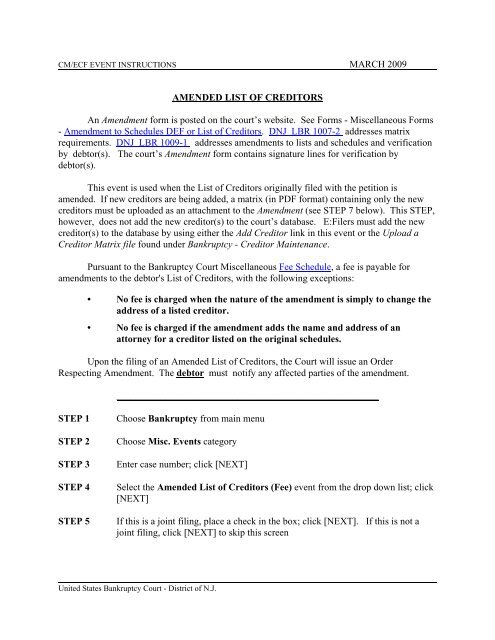 Amended List of Creditors - United States Bankruptcy Court - District ...