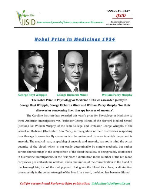 The Nobel Prize in Physiology or Medicine 1934 ... - Ijsidonline.info