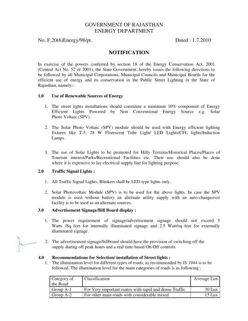 Notification for Public Street Lighting Systems - Rajasthan ...