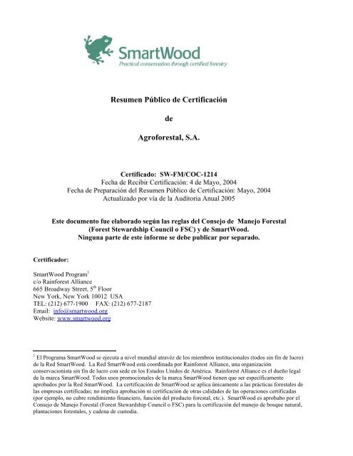 Resumen PÃºblico de CertificaciÃ³n de Agroforestal, S.A.