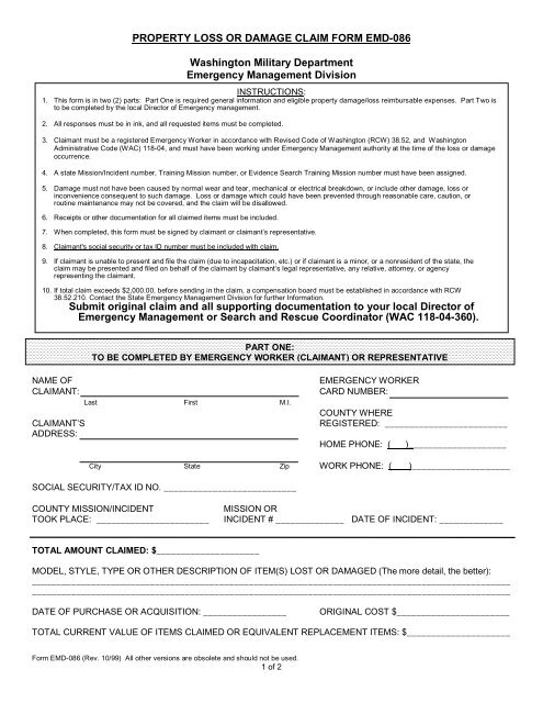 PROPERTY LOSS OR DAMAGE CLAIM FORM EMD-086 ...