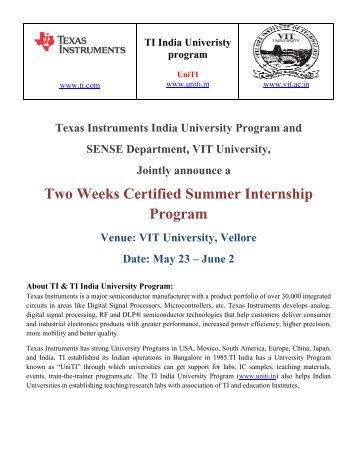 Two Weeks Certified Summer Internship Program - VIT University