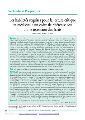 Les habiletés requises pour la lecture critique en médecine : un ...