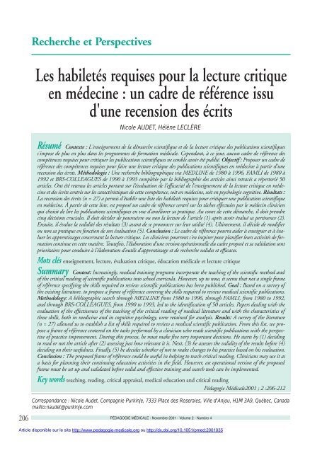 Les habiletés requises pour la lecture critique en médecine : un ...