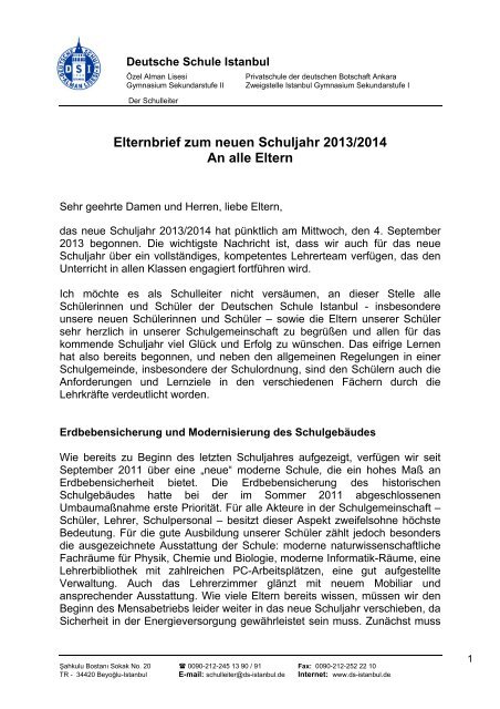 Elternbrief zum Schuljahresbeginn - Deutsche Schule Istanbul