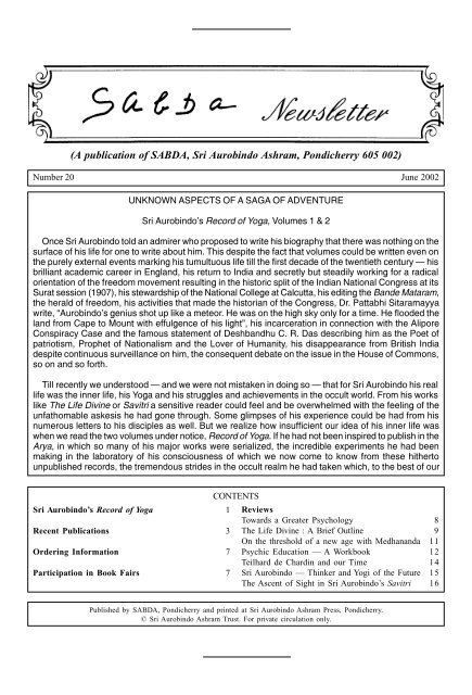(A publication of SABDA, Sri Aurobindo Ashram, Pondicherry 605 002)