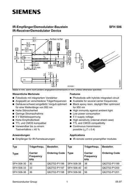 SFH 506 IR-EmpfÃ¤nger/Demodulator-Baustein IR-Receiver ...