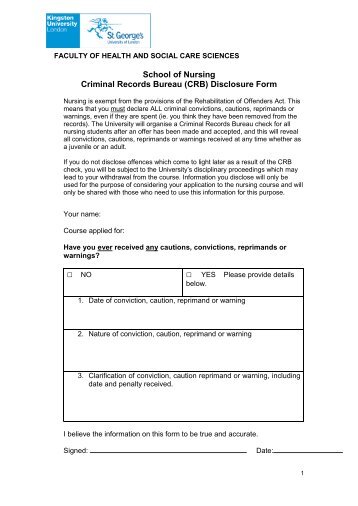 School of Nursing Criminal Records Bureau (CRB) Disclosure Form