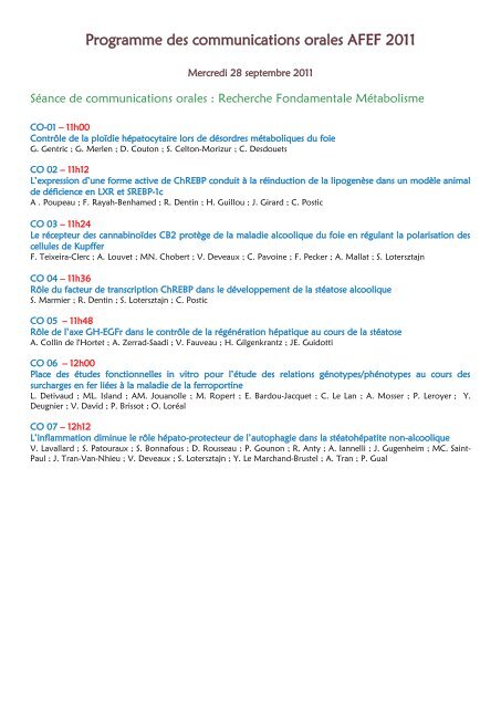 Programme des communications orales AFEF 2011