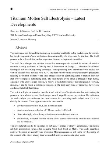 Titanium Molten Salt Electrolysis â Latest Developments