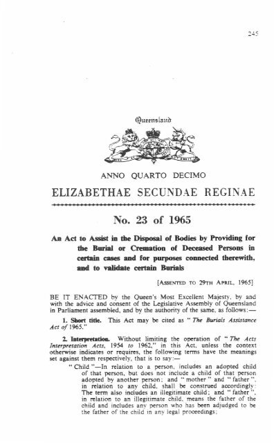 Burials Assistance Act of 1965 - Queensland Legislation