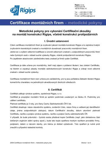 Certifikace montÃ¡Å¾nÃ­ch firem â metodickÃ© pokyny - Rigips