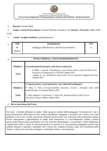 Pedagogia della persona e dei processi formativi - FacoltÃ  di ...