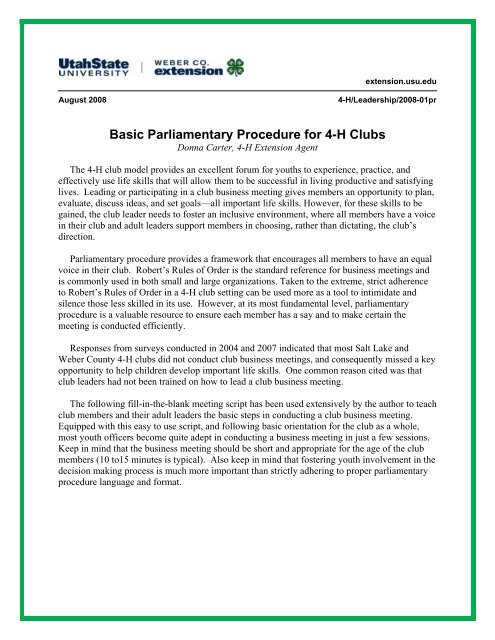 Basic Parliamentary Procedure for 4-H Clubs - Utah State University ...