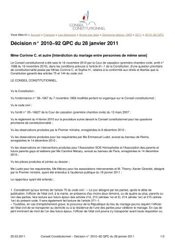 Conseil Constitutionnel - Décision n° 2010-92 QPC du 28 janvier 2011