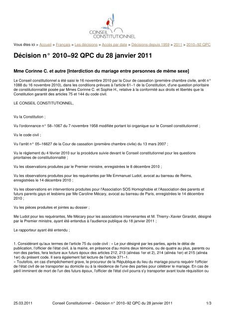 Conseil Constitutionnel - Décision n° 2010-92 QPC du 28 janvier 2011