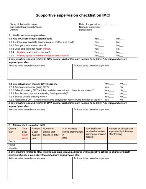 Supportive supervision checklist on IMCI - basics