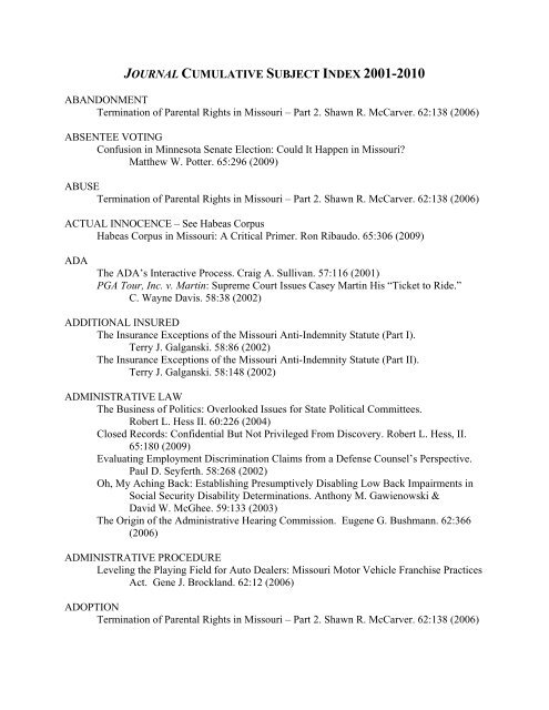 JOURNAL CUMULATIVE SUBJECT INDEX 2001 ... - the Missouri Bar