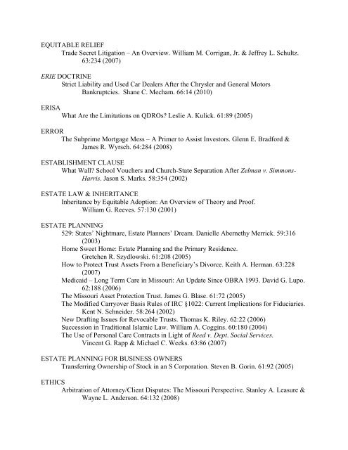 JOURNAL CUMULATIVE SUBJECT INDEX 2001 ... - the Missouri Bar