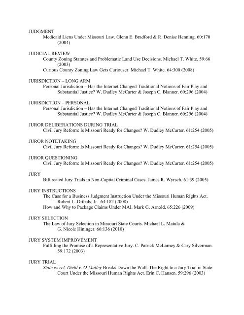 JOURNAL CUMULATIVE SUBJECT INDEX 2001 ... - the Missouri Bar