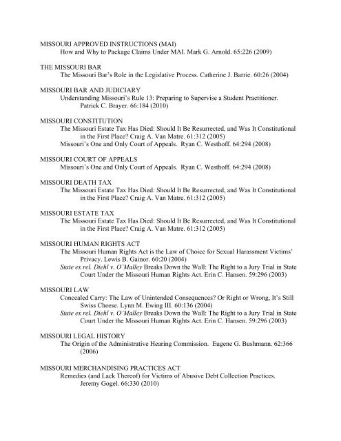 JOURNAL CUMULATIVE SUBJECT INDEX 2001 ... - the Missouri Bar