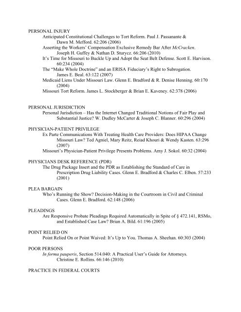 JOURNAL CUMULATIVE SUBJECT INDEX 2001 ... - the Missouri Bar