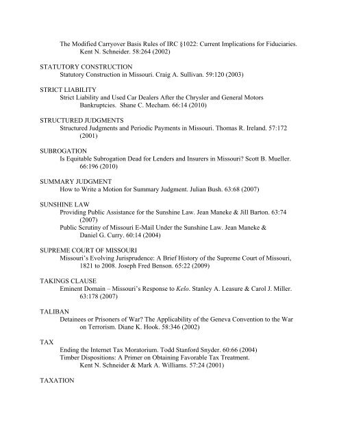 JOURNAL CUMULATIVE SUBJECT INDEX 2001 ... - the Missouri Bar