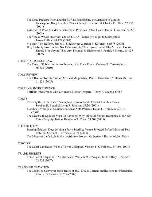 JOURNAL CUMULATIVE SUBJECT INDEX 2001 ... - the Missouri Bar