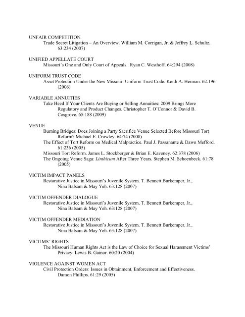 JOURNAL CUMULATIVE SUBJECT INDEX 2001 ... - the Missouri Bar