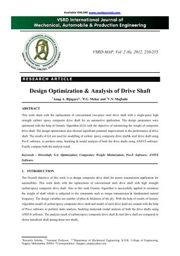 Design Optimization & Analysis of Drive Shaft - vsrd international ...