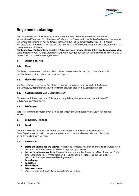 Reglement Jokertage - Schule Pfungen