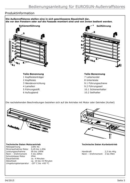 Bedienungs- und Wartungsanleitung AuÃenraffstores - Eurosun as