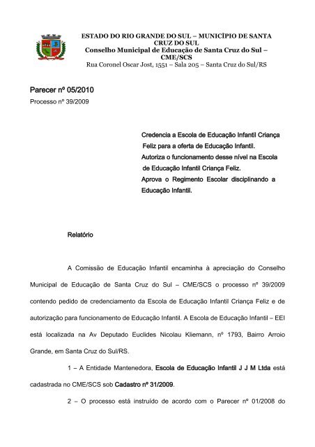 Parecer nÂº 05/2010 - Prefeitura de Santa Cruz do Sul