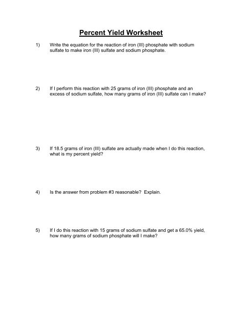 Percent Yield Worksheet 1