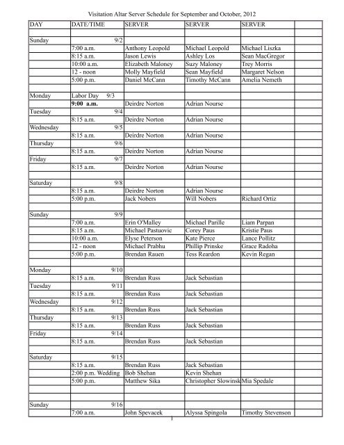 Altar Server Schedule Sep-, Oct-2012 - Visitation Parish