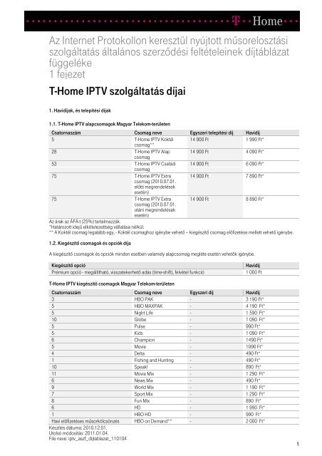 T-Home IPTV szolgÃ¡ltatÃ¡s dÃjai - Magyar Telekom Nyrt.