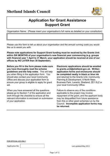 Support Grant Application Form - Shetland Islands Council