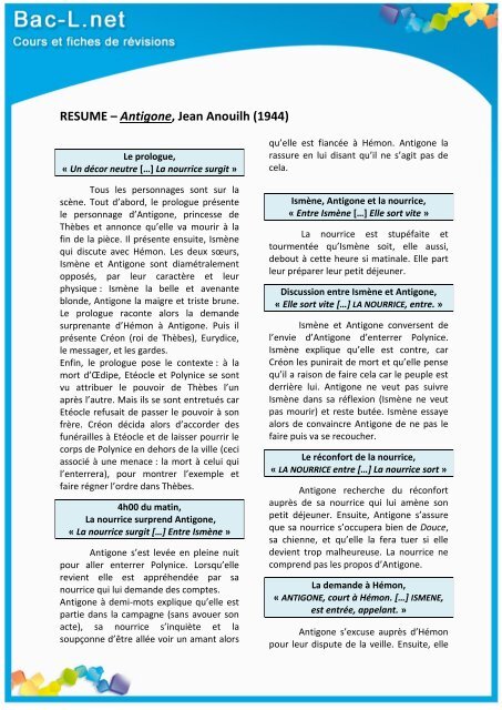 RESUME â Antigone, Jean Anouilh (1944)  Bac S