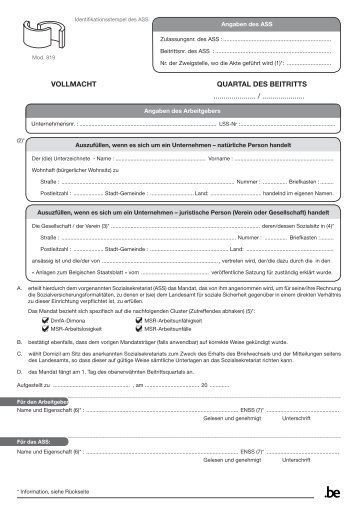 VOLLMACHT QUARTAL DES BEITRITTS ..................... / .....................