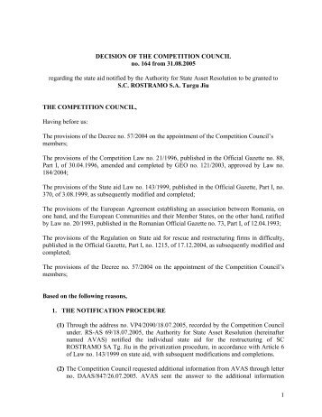 1 DECISION OF THE COMPETITION COUNCIL no. 164 from 31.08 ...