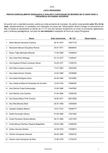 Lista provisória de inscrições - Utad